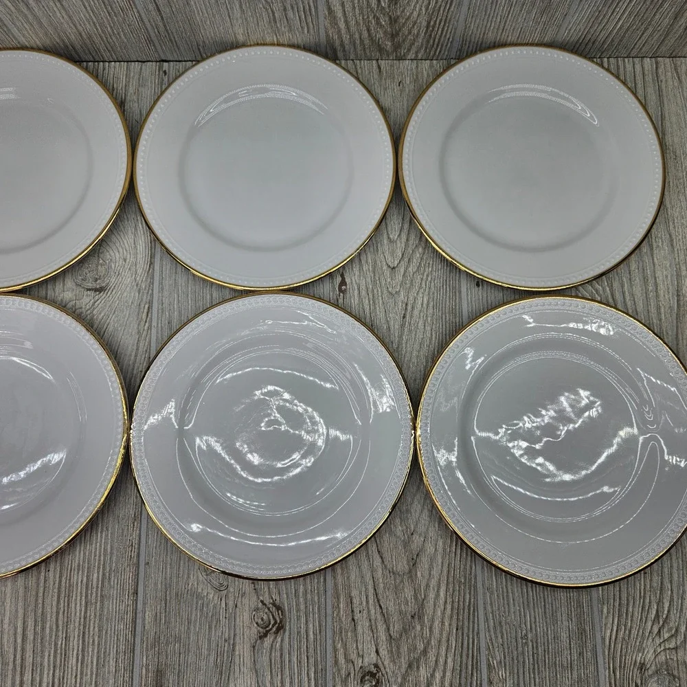 Pier 1 Gold Line Salad Plates Set of 6 White Ceramic Beaded Rim Gold Edge 7.75in
